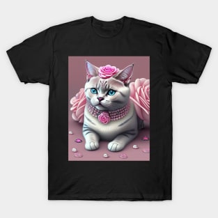 British Shorthair sparkles with gems and pink roses T-Shirt